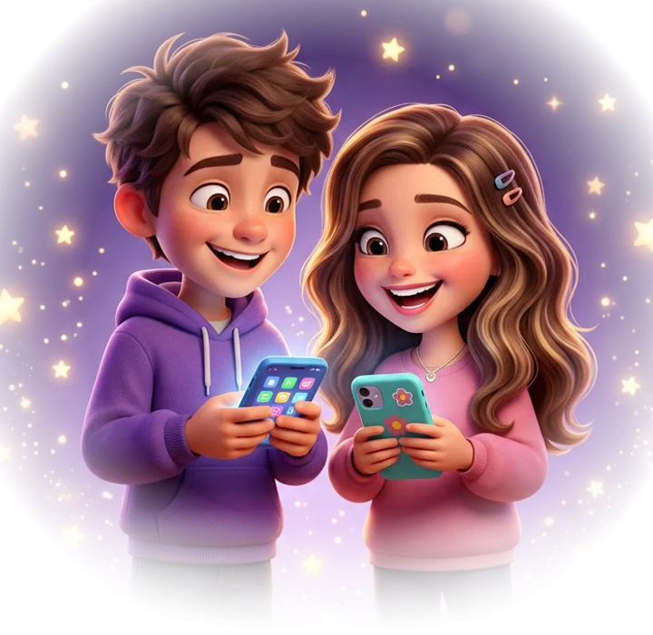 Two smiling Quzzi friends holding smartphones and playing a challenge together